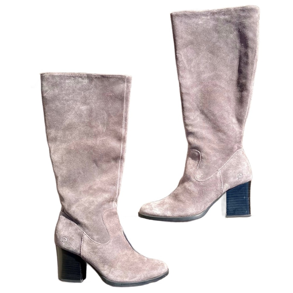 Born Taupe Grey Suede Leather Knee High Block Heel Boot Size 6.5